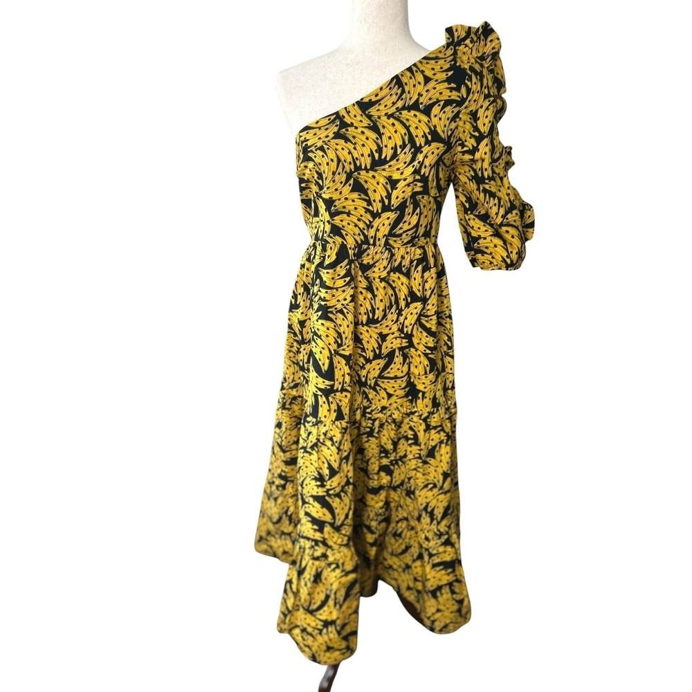 NEW Farm Rio Cotton Poplin One-Shoulder Black Bananas Midi Dress Cotton Medium - Picture 2 of 13